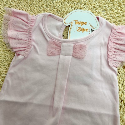 Macacão Curto com Laço e Mangas em Tule Brilhantes - Rosa